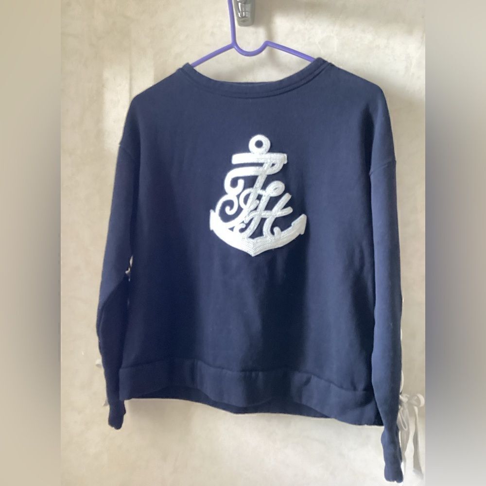Tommy Hilfiger XS navy top sweatshirt, sequins, Nautical, laced sleeves